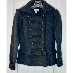 Ann Taylor Loft Charcoal Gray 100% Merino Wool Military Ruffle Peplum Sweater XS